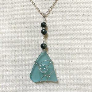 Turquoise Ocean Sea Glass with Blue Pearl Necklace Mermaid Boho Summer Surf